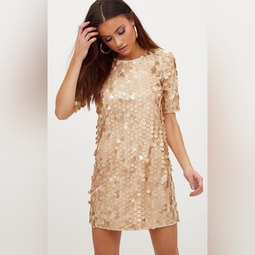 PLT Sequin T Shirt Dress in Gold